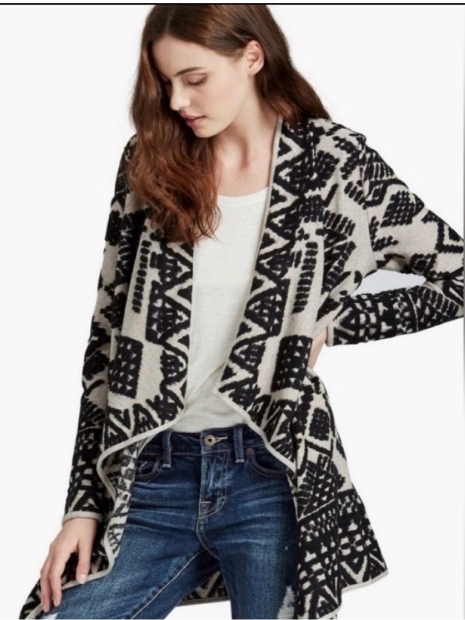 422 Lucky Brand BlkCrm Aztec Open Front Cardigan Says Sz Sm But Oversized